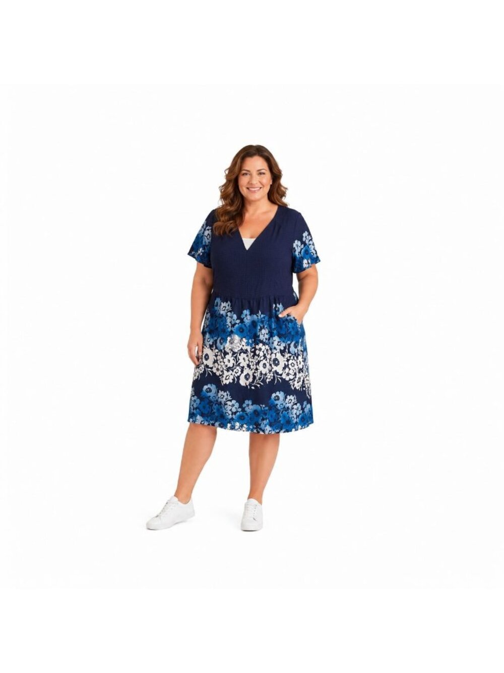New London Times Plus Size 16 Floral Print Blue Midi Dress Short Flutter Sleeves